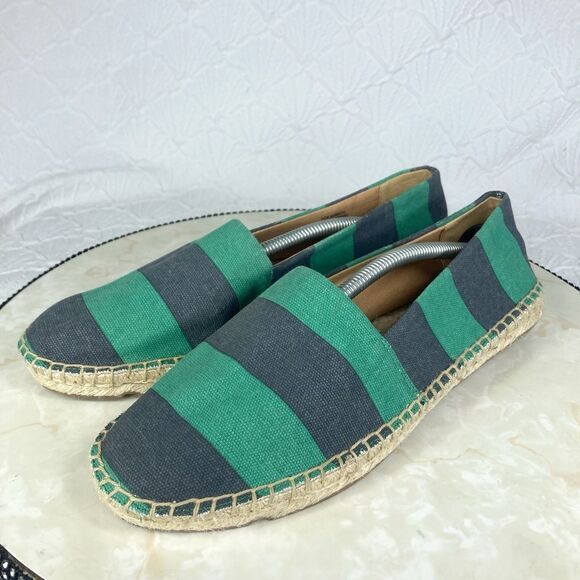 J. Crew Slip On Espadrille Flat Shoes 8 Navy Blue Green Striped Canvas Loafers - Picture 5 of 13